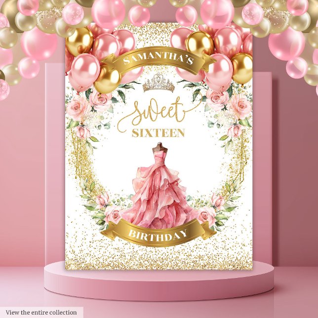 Glamourous Sweet Sixteen Banner Blush Roses Sparkl Tapestry (Glamorous Sweet Sixteen Banner Blush Roses Sparkle)