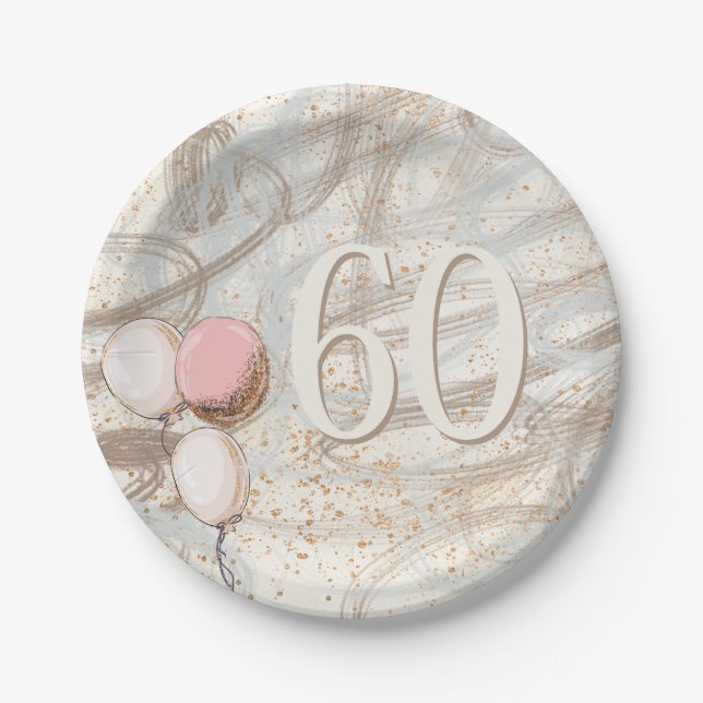 Glamourous Swirls Gold Confetti Name 60th Birthday Paper Plate (Front)
