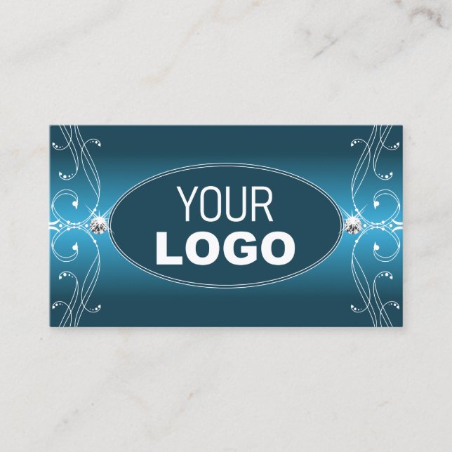Glamourous Teal Blue Ornate Sparkle Jewels Add Log Business Card (Front)