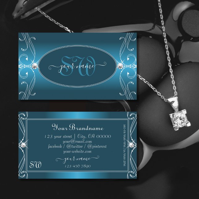 Glamourous Teal Blue Ornate Sparkle Jewels Initial Business Card (Creator Uploaded)