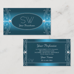 Glamourous Teal Blue Ornate Sparkle Jewels Monogra Business Card