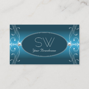 Glamourous Teal Blue Ornate Sparkle Jewels Monogra Business Card