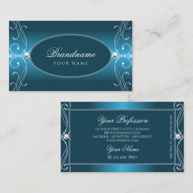 Glamourous Teal Blue Ornate Sparkle Jewels Stylish Business Card (Front/Back)