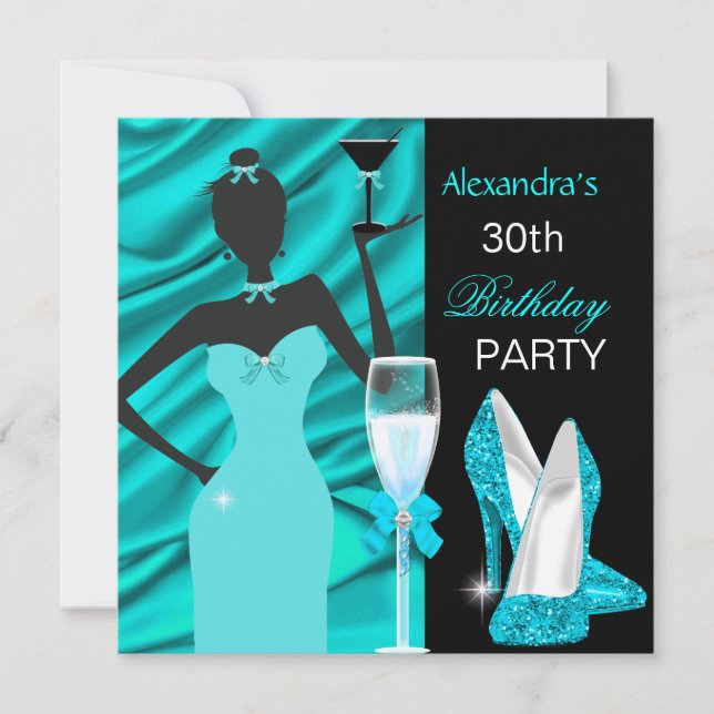 Glamourous Teal Blue Party Girl Champagne Birthday Invitation (Front)