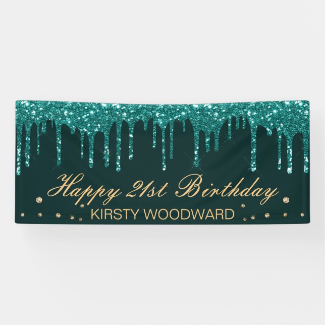 Glamourous Teal Dripping Glitter Birthday Banner (Horizontal)