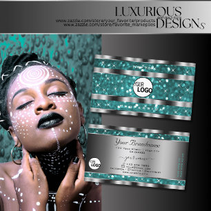 Glamourous Teal Glitter Stars add Logo Silver Deco Business Card