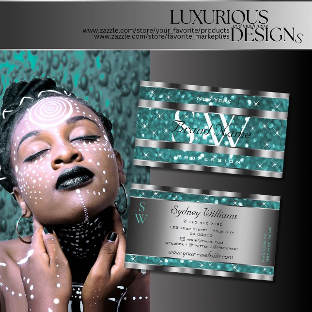 Glamourous Teal Glitter Stars Monogram Silver Deco Business Card (Creator Uploaded)