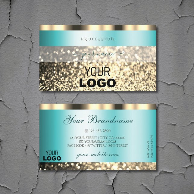 Glamourous Teal Gold Sparkling Glitter with Logo Business Card (Creator Uploaded)