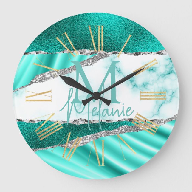 Glamourous Teal Marble & Silver Glitter Large Clock (Front)