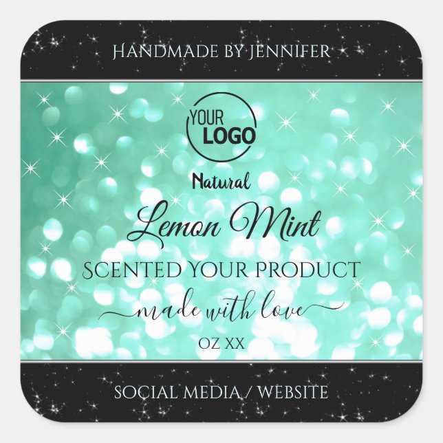 Glamourous Teal Sparkle Glitter Logo Product Label (Front)