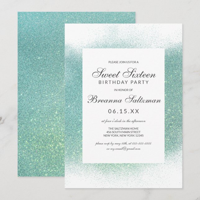Glamourous Teal White Glitter Dust Border Sweet 16 Invitation (Front/Back)
