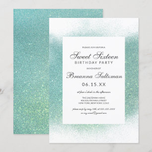Glamourous Teal White Glitter Dust Border Sweet 16 Invitation
