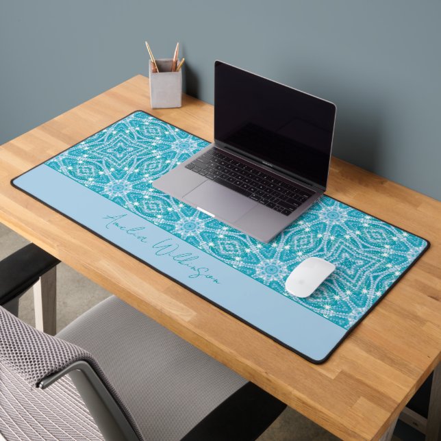 Glamourous Turquoise Aqua Blue Silver Sparkle Desk Mat (Office 2)