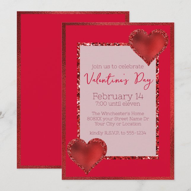 Glamourous Valentine's Day Red Glitter Hearts Invitation (Front/Back)