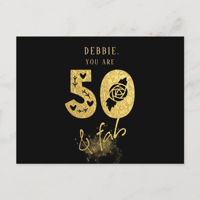 Glamourous Virtual Black and Gold 50 & Fab Birthda Invitation Postcard (Front)
