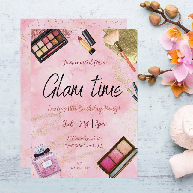 Glamourous Watercolor Makeup Tween Teen Girls Spa Invitation (Creator Uploaded)