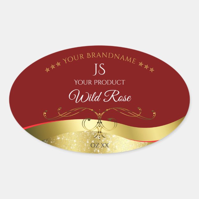 Glamourous Wavy Gold Decor Dark Red Monogram Label (Front)