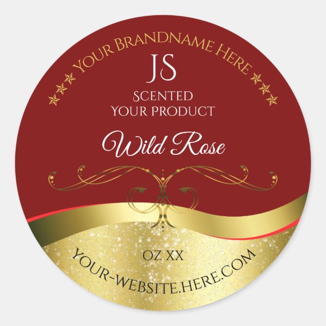 Glamourous Wavy Gold Decor Dark Red Monogram Label (Front)