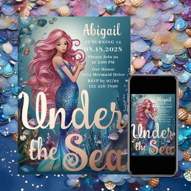 Glamourous Whimsical Mermaid Under the Sea Birthda (Glamorous Whimsical Mermaid Under the Sea Birthday Foil Invitation)