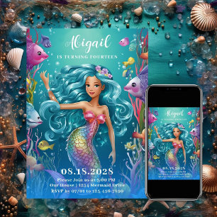 Glamourous Whimsical Mermaid Under the Sea Birthda Invitation