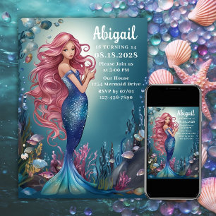 Glamourous Whimsical Mermaid Under the Sea Birthda Invitation