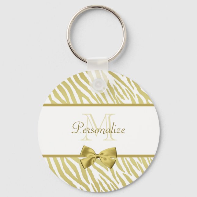 Glamourous White and Gold Zebra Print With Name Key Ring (Front)