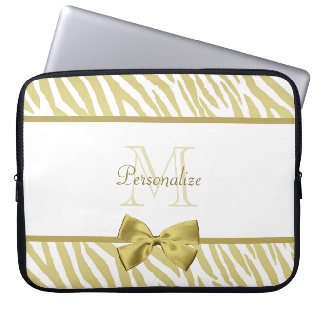 Glamourous White and Gold Zebra Print With Name Laptop Sleeve (Front)