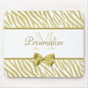 Glamourous White and Gold Zebra Print With Name Mouse Mat