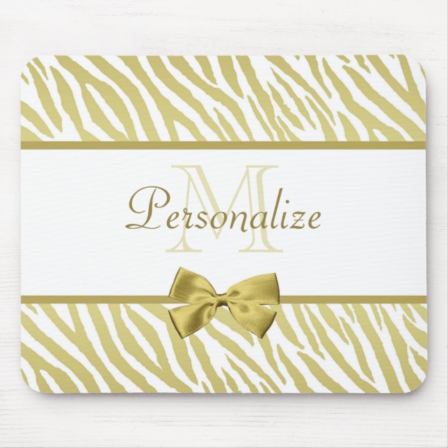 Glamourous White and Gold Zebra Print With Name Mouse Mat (Front)