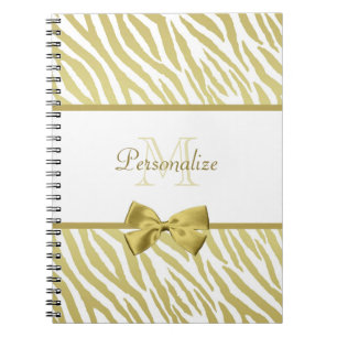 Glamourous White and Gold Zebra Print With Name Notebook