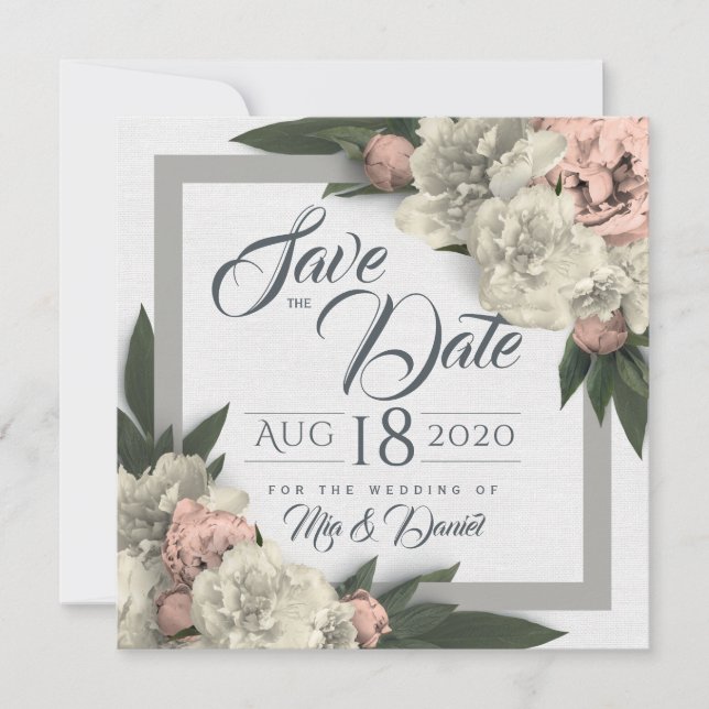 Glamourous White and Peach Floral Peonies Save The Date (Front)