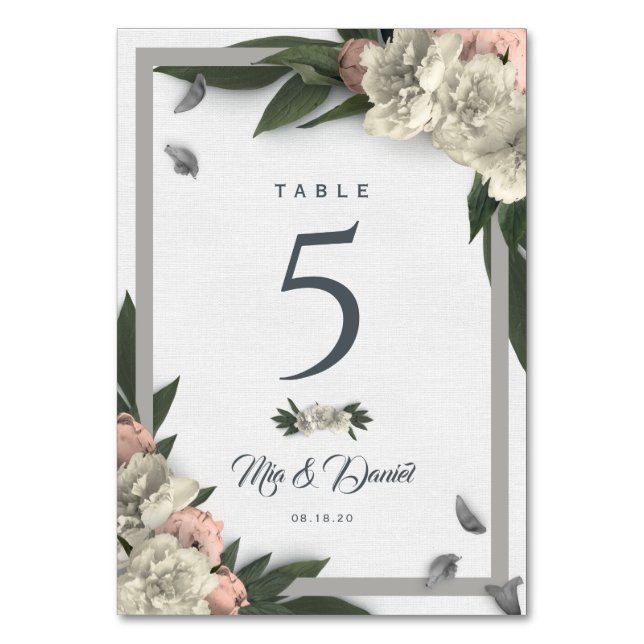 Glamourous White and Peach Floral Peonies Table Number (Front)