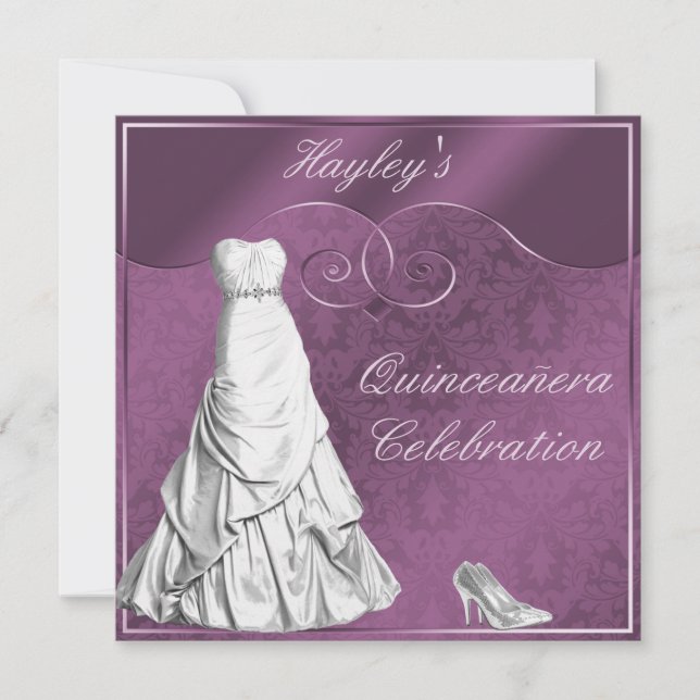 Glamourous White Ball Gown Purple Quinceanera Invitation (Front)