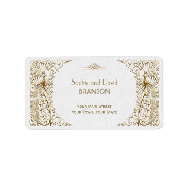 Glamourous White Gold Art Deco Peacocks Wedding Label (Front)