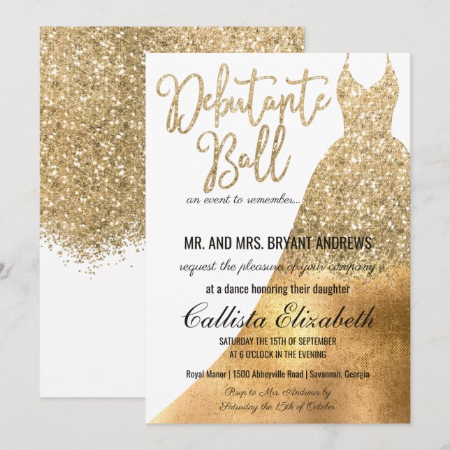 Glamourous White Gold Glitter Dress Debutante Danc Invitation (Front/Back)