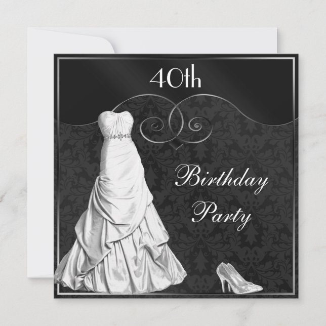 Glamourous White Gown Black Silver 40th Birthday Invitation (Front)