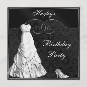 Glamourous White Gown Black Silver Birthday Party Invitation