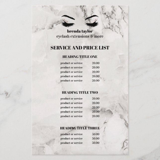 Glamourous white marble EYELASH SALON SERVICE LIST Flyer (Front)