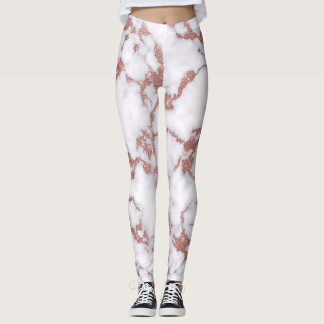 Glamourous White Rose Gold Glitter Marble Pattern Leggings (Front)