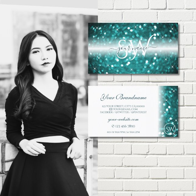 Glamourous White Teal Sparkling Glitter Initials Business Card (Creator Uploaded)