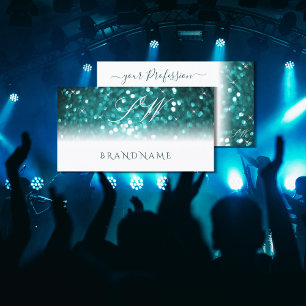 Glamourous White Teal Sparkling Glitter Monogram Business Card