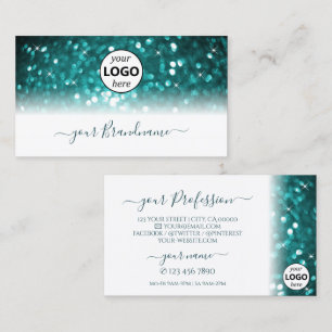 Glamourous White Teal Sparkling Glitter with Logo Business Card