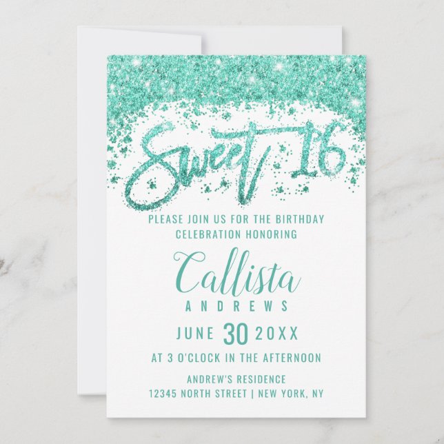 Glamourous White Turquoise Glitter Dust Sweet 16 Invitation (Front)