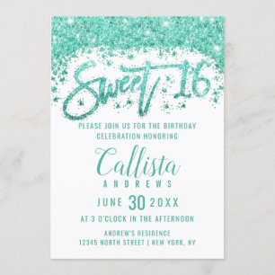 Glamourous White Turquoise Glitter Dust Sweet 16 Invitation