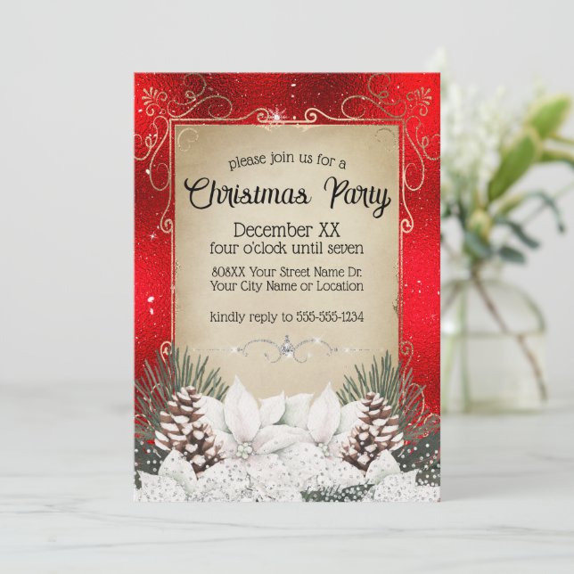 Glamourous Winter Floral White Poinsettias on Red Invitation (Standing Front)