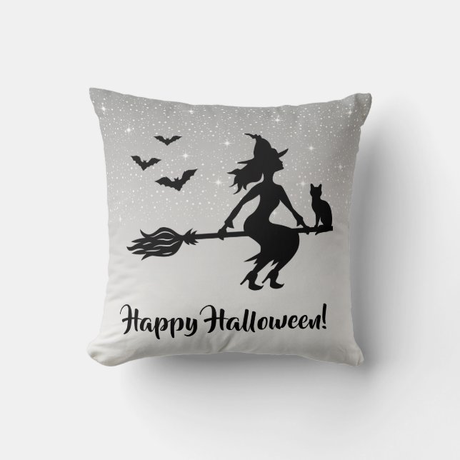 Glamourous Witch Grey And Black Happy Halloween Cushion (Front)