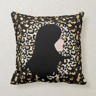 Glamourous Woman on Two-Tone Leopard Print Cushion