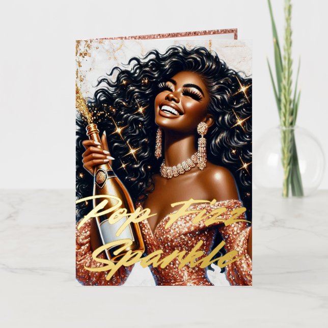 Glamourous Woman Popping Champagne Birthday  Foil Greeting Card (Front)
