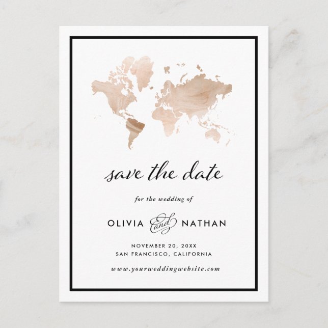 Glamourous World Map | Elegant Travel Save the Dat Announcement Postcard (Front)