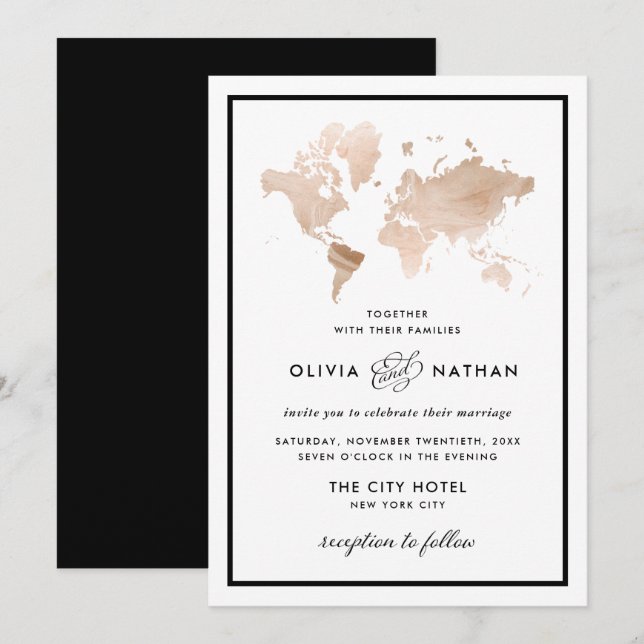 Glamourous World Map | Elegant Travel Theme Weddin Invitation (Front/Back)